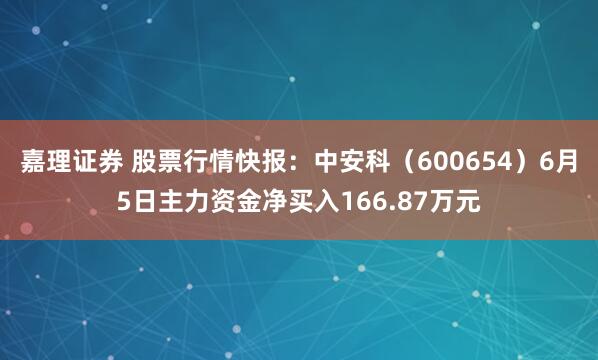嘉理证券 股票行情快报：中安科（600654）6月5日主力资金净买入166.87万元